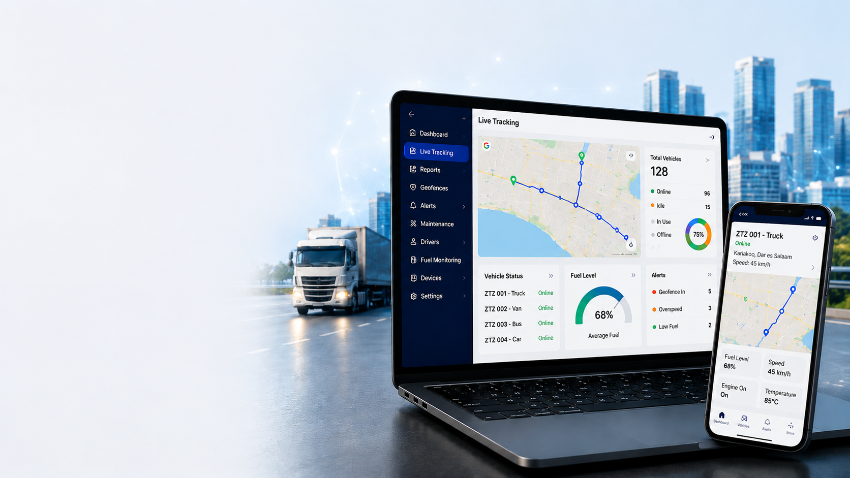 ZanTrack GPS tracking dashboard on fleet management devices